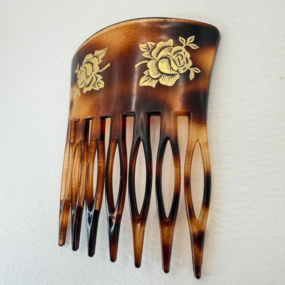 Vintage France Hair Side Comb Gold Rose Floral Accessory